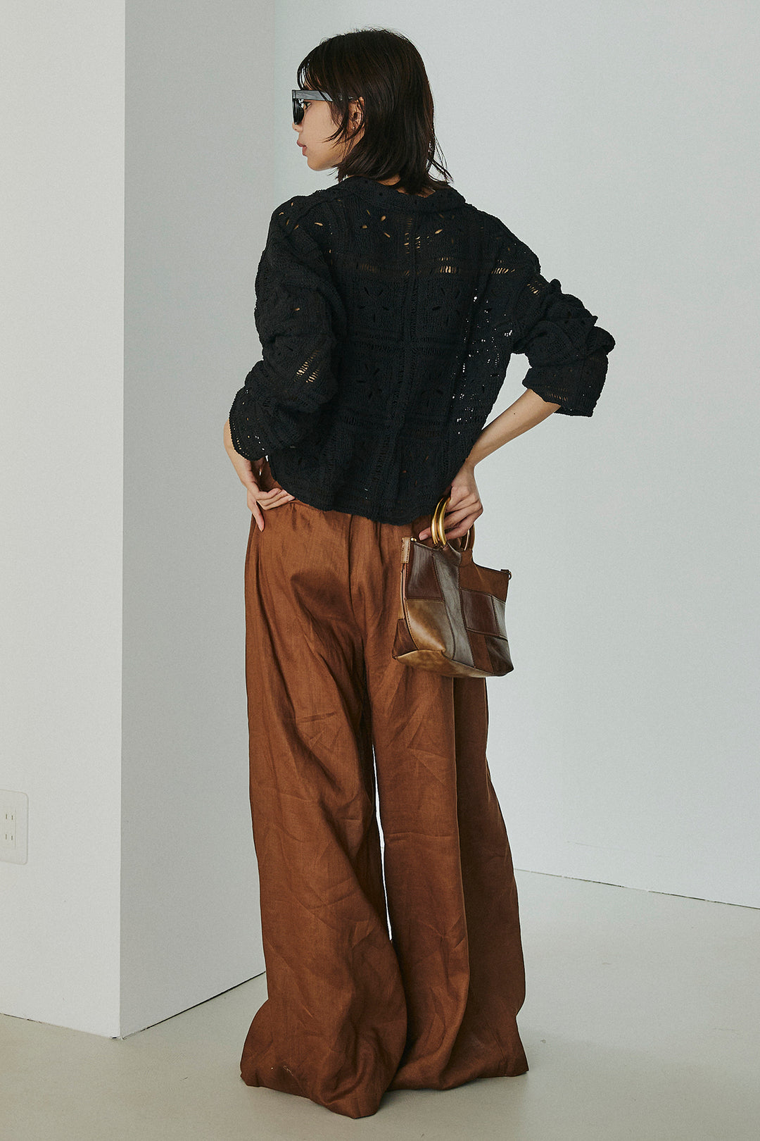 [SET]鍵編みフラワーレースカーディガン+タック入りワイドパンツ(2set)
