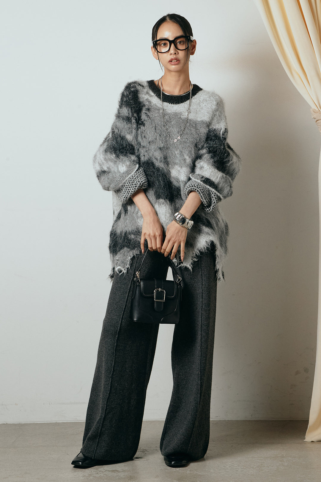 [SET]起毛裾デザインニュアンス柄ニットトップス+センターラインニットパンツ(2set)