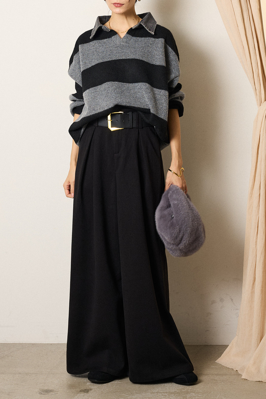 [SET]デニムカラーボーダールーズニット+ゴールドバックル太ベルト付きワイドパンツ(2set)