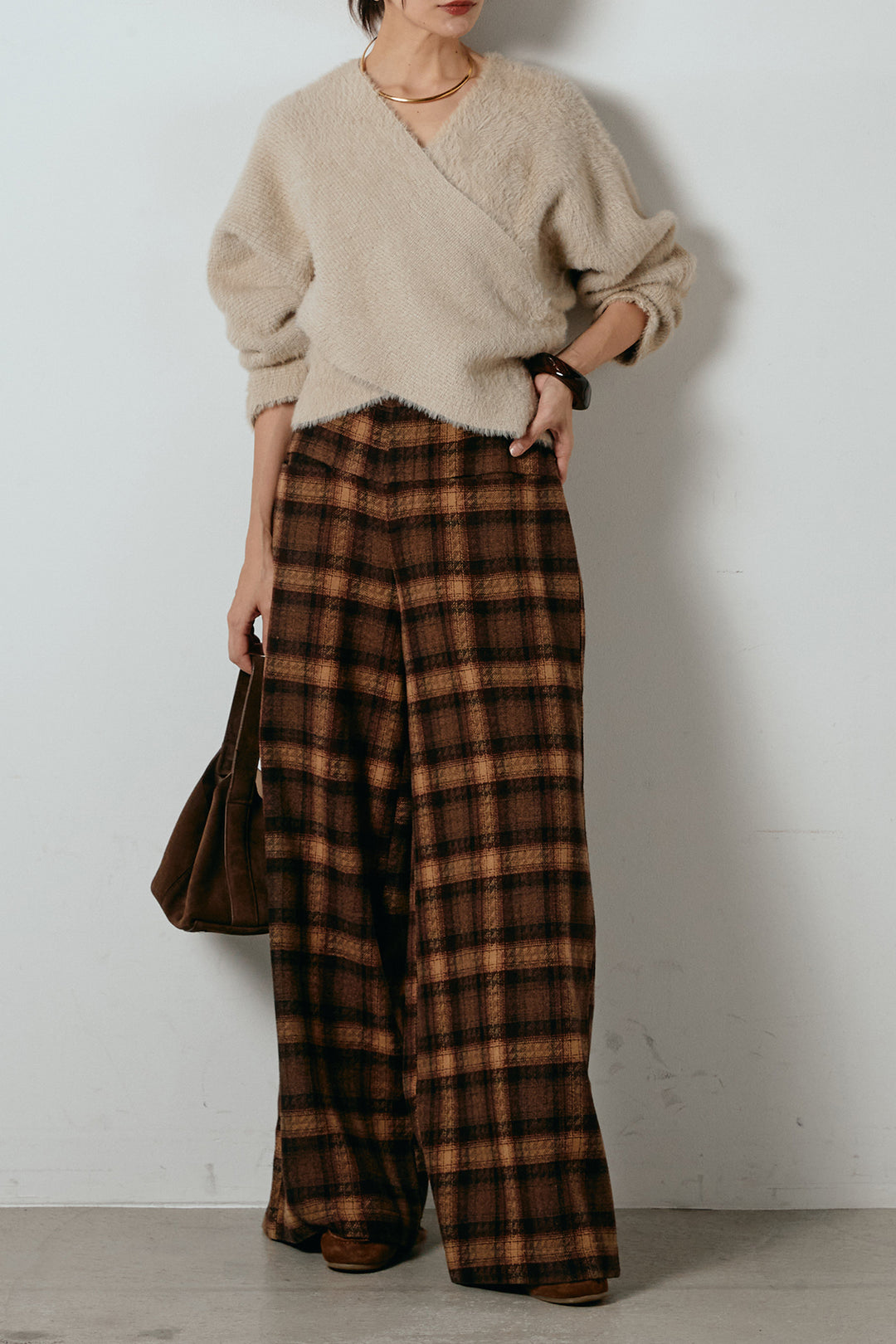 [SET]シャギーカシュクールニットトップス+ルーズタータンチェックワイドパンツ(2set)