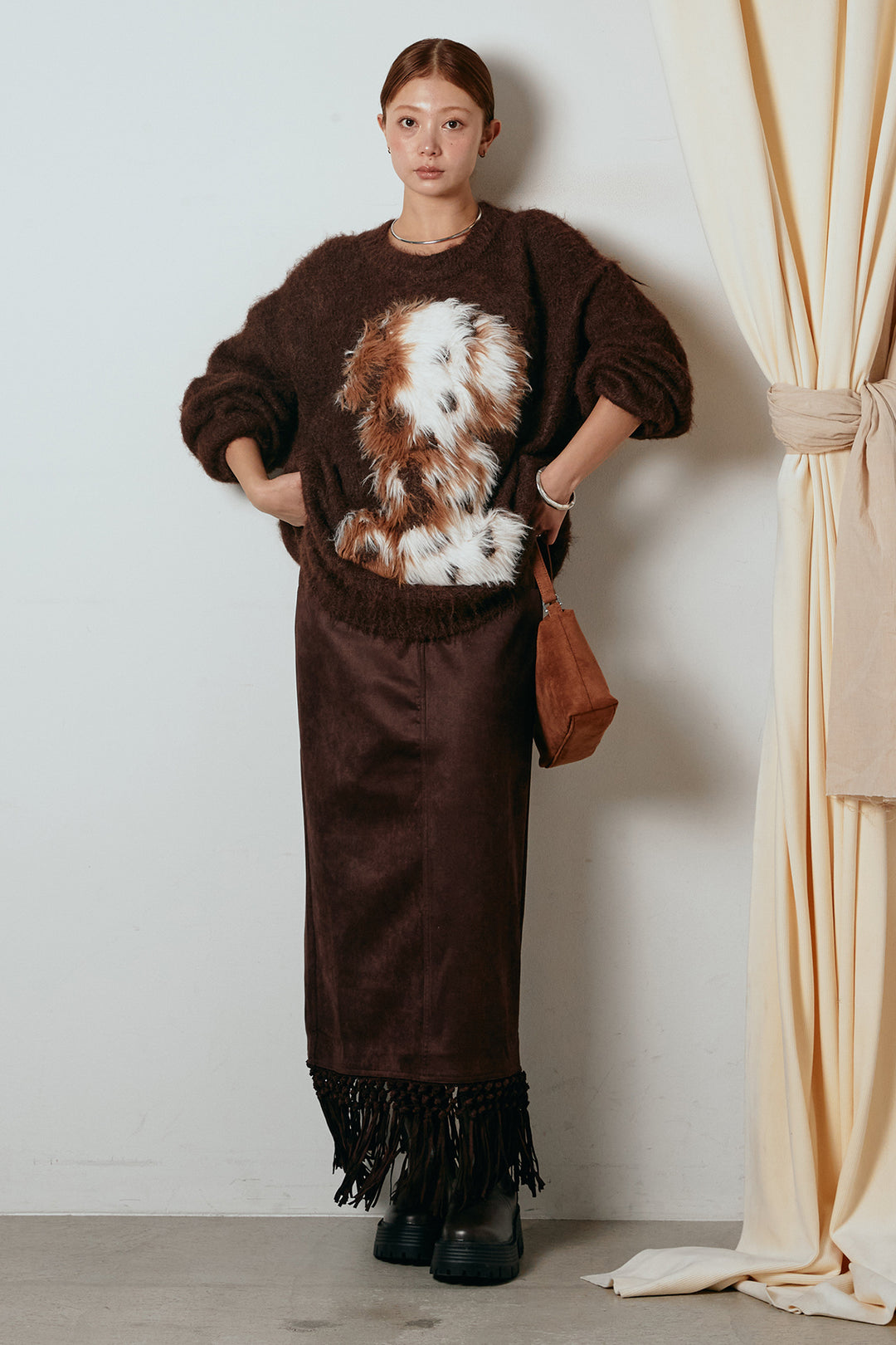 [SET]シャギーニュアンスアニマルニット+スウェードライク裾フリンジスカート(2set)