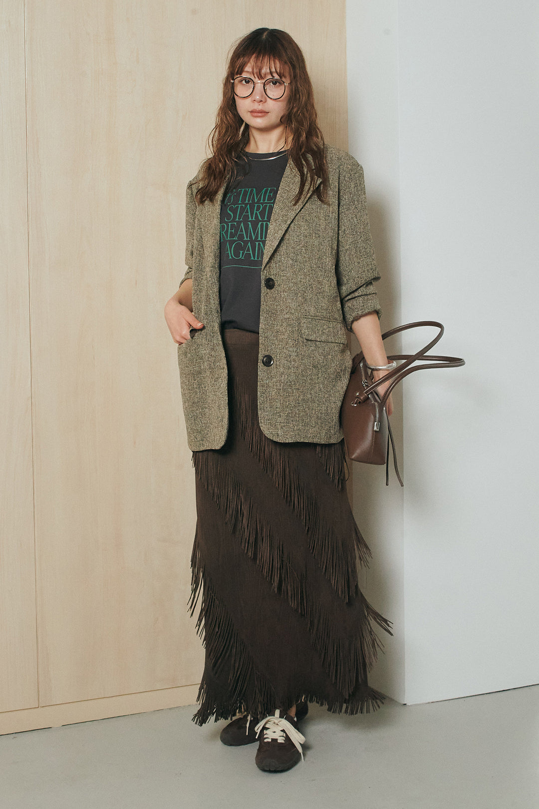 [SET]ミックスツイードベルト付きジャケット+斜めフリンジデザインスカート(2set)