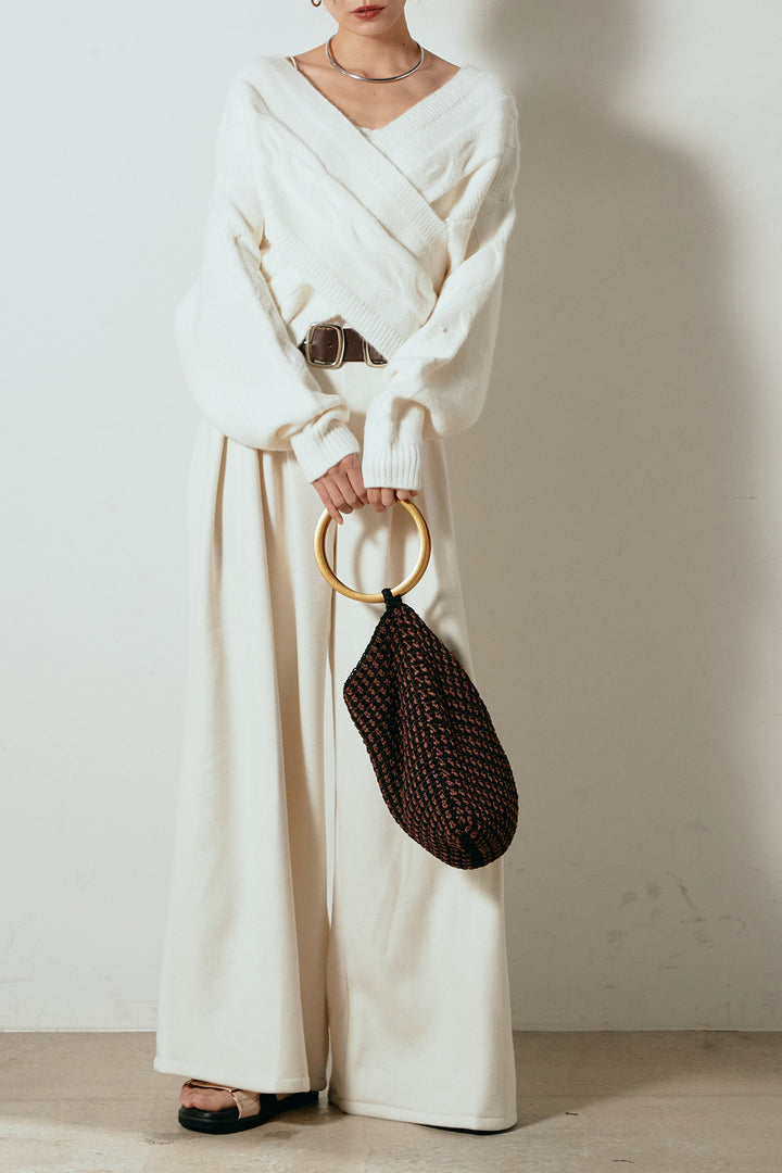 [SET]ケーブルカシュクールニットトップス+フェイクレザー太ベルト付きタックワイドパンツ(2set)