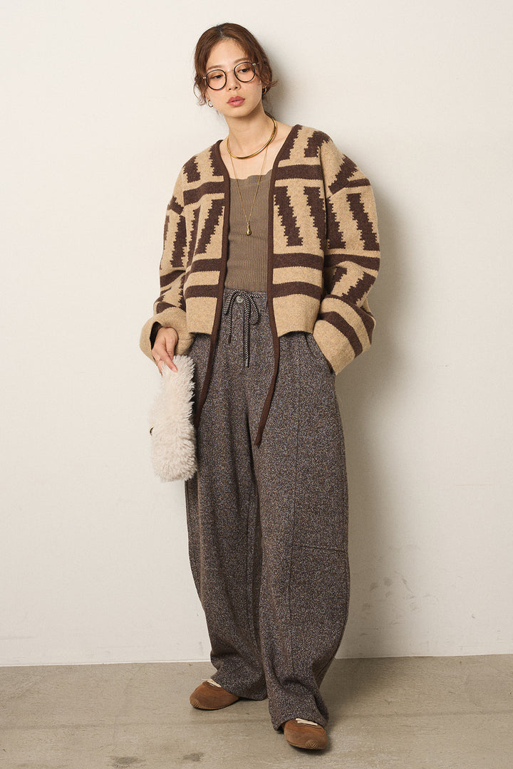 [SET]幾何学柄ノーカラーカーディガン+杢ニットフレアパンツ(2set)