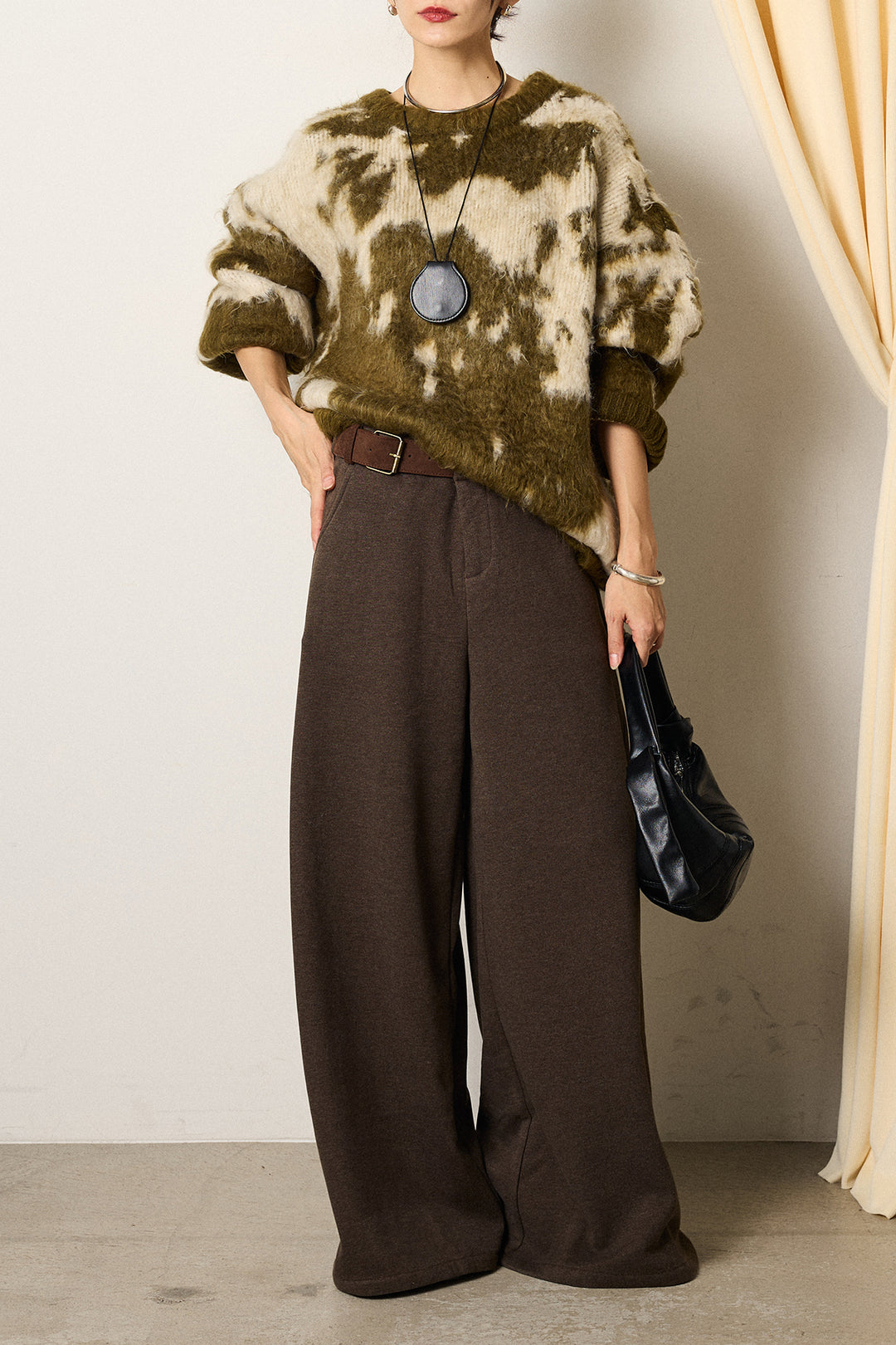 [SET]モヘアタッチマーブルニット+サイドベルトパンツ(2set)