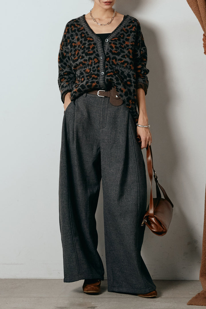 [SET]ステッチデザインレオパードニットカーディガン+ポーチベルト付きカーブパンツ(2set)