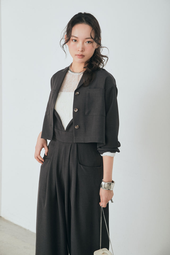 [SET]バックジップデザインショートツイルジャケット+キャミロングオールインワン+ストレッチレースクルーネックインナー(3set)