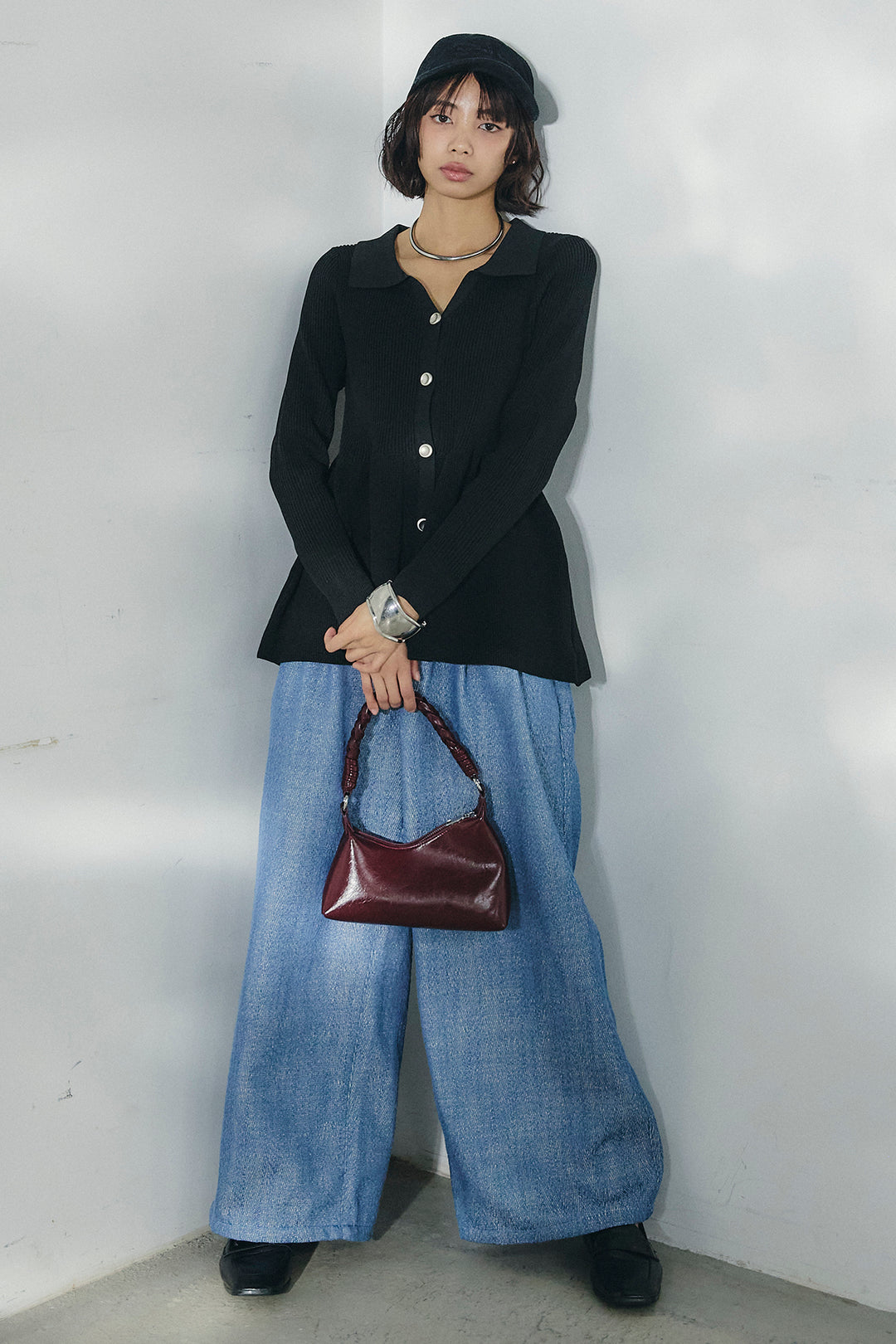 [SET]スキッパーペプラムニット+デニムライクヘリンボーンタックパンツ(2set)