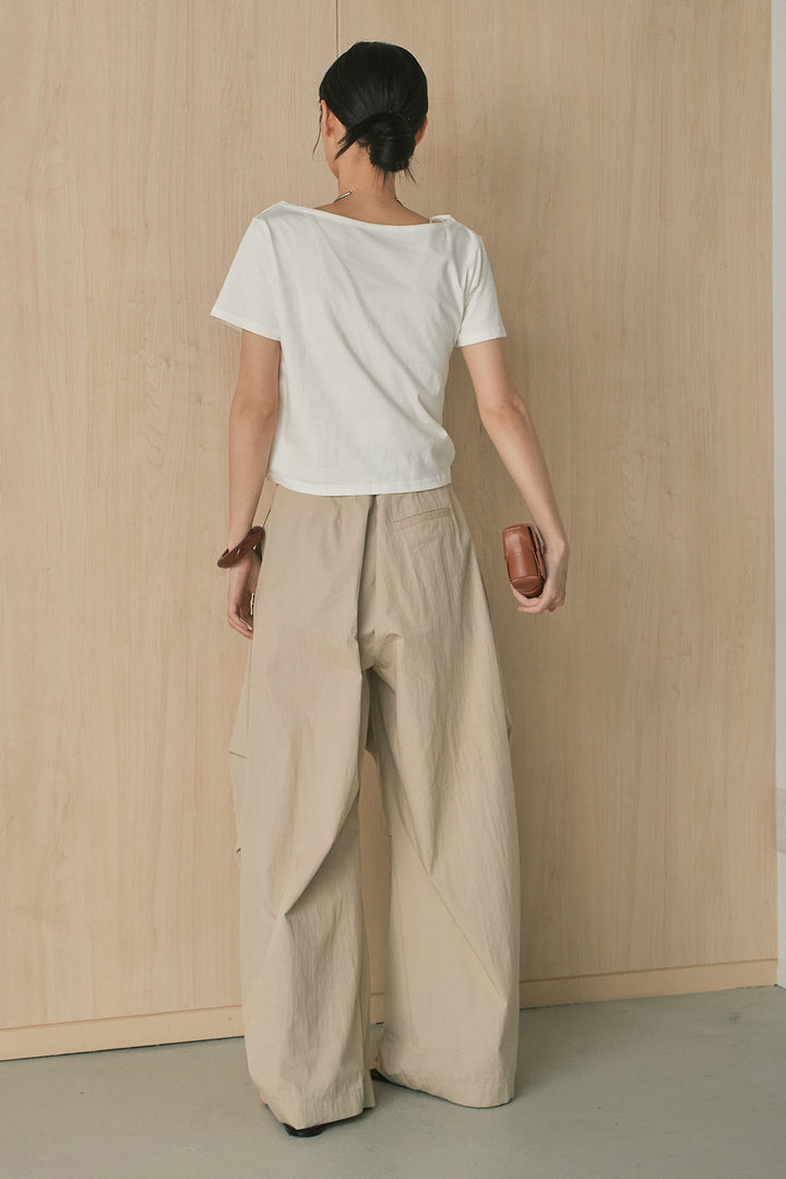 [SET]綿天竺半袖オフショルTシャツ+ニーサイドタックボリュームカーブパンツ(2set)