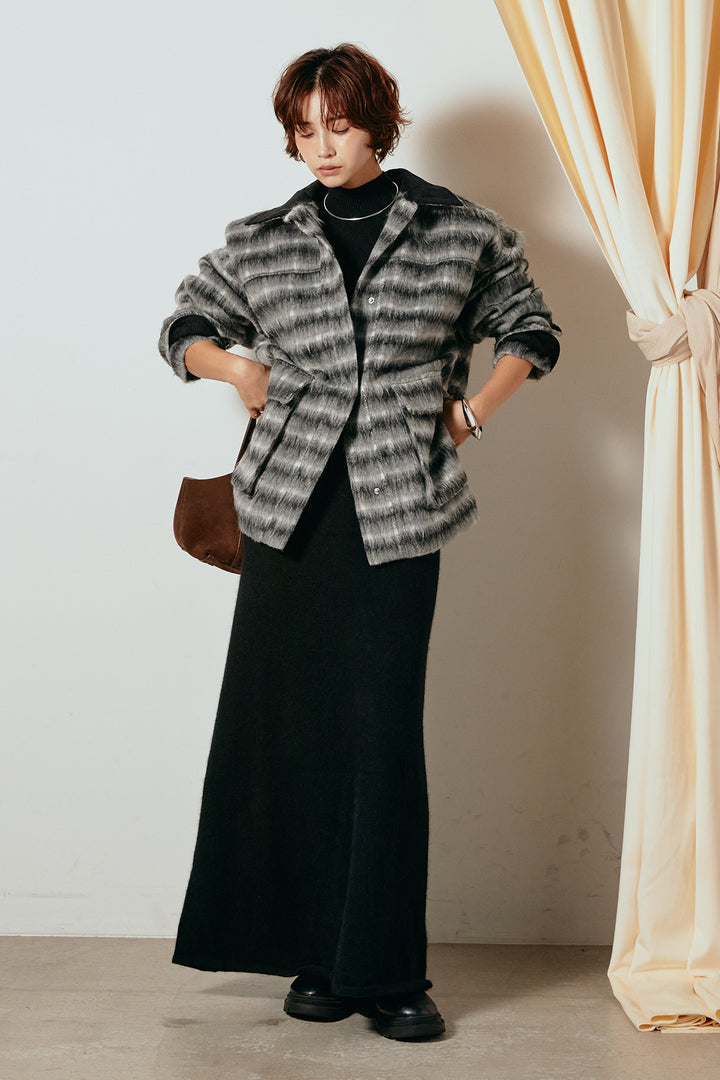 [SET]チェックシャギーミドルカバーオール+ノースリーブニットロングワンピース(2set)