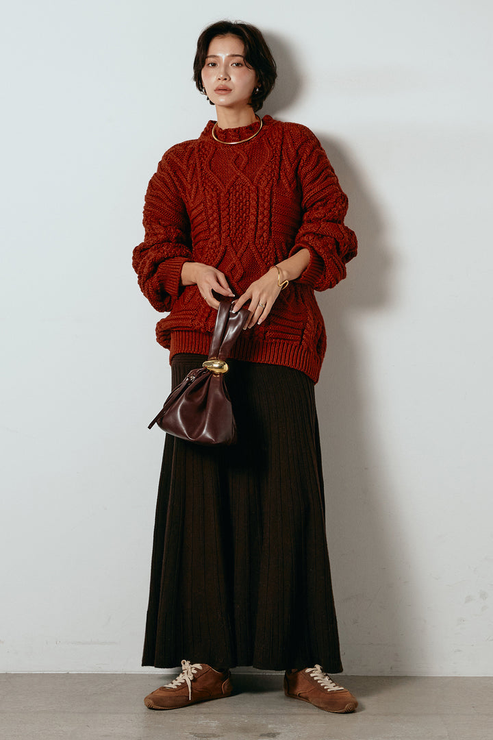 [SET]アラン柄ミックスケーブルニット+編み地切り替えフレアニットスカート(2set)