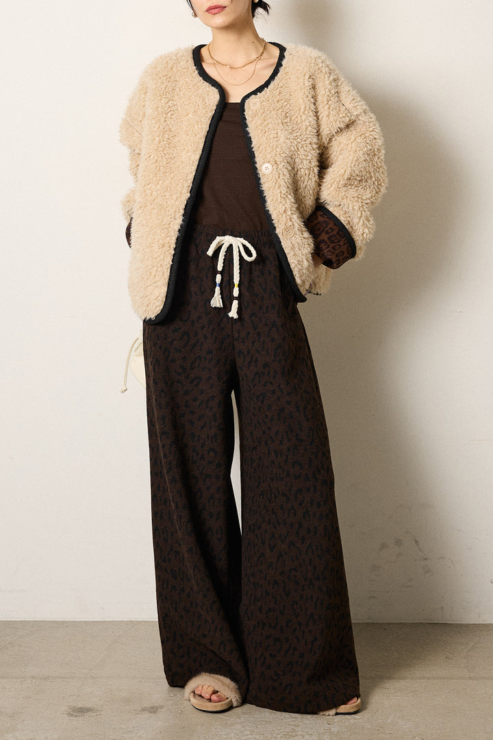[SET]ノーカラー裏地レオパードボアアウター+レオパードジャガードニットパンツ(2set)