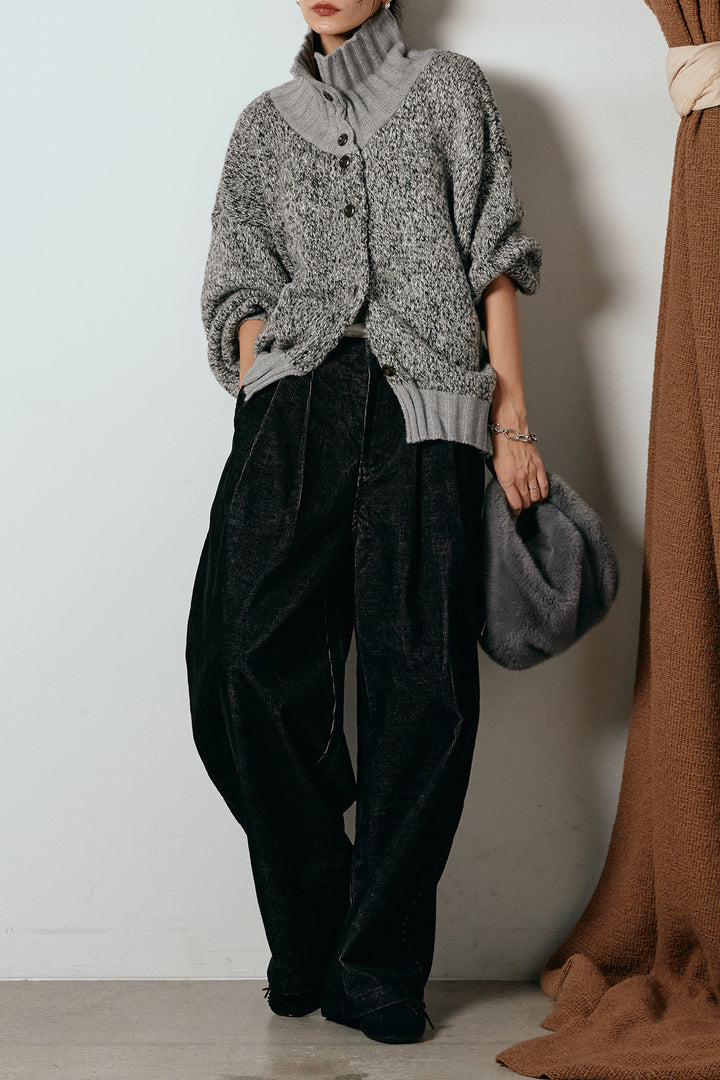 [SET]ハイネックミックスニットカーディガン+フロントタック入りコーデュロイパンツ(2set)