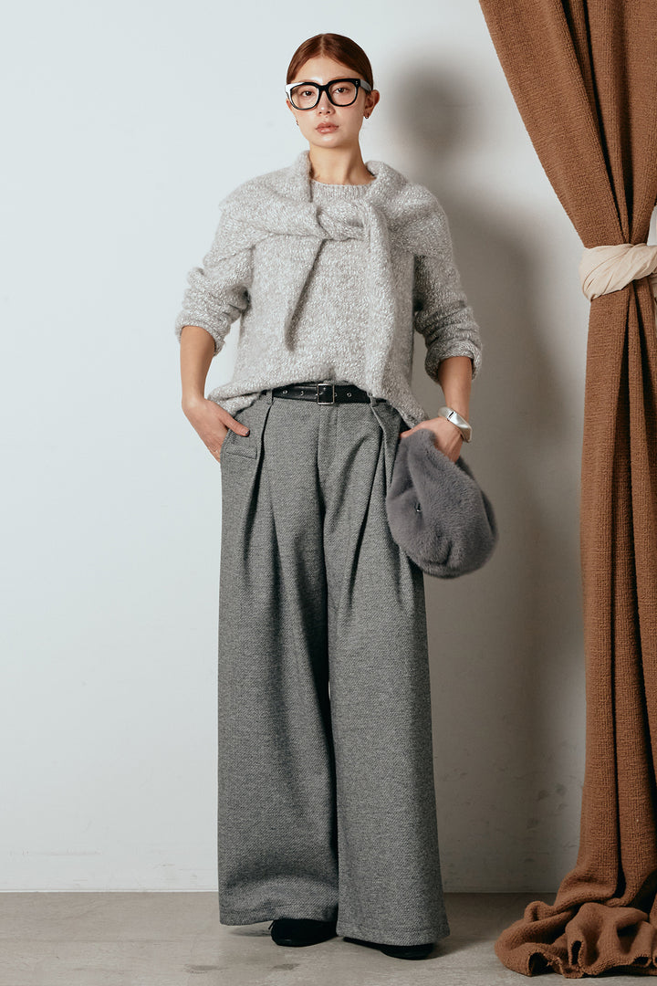 [SET]スカーフ付きミックスニットトップス+細ベルト付き起毛タックワイドパンツ(2set)