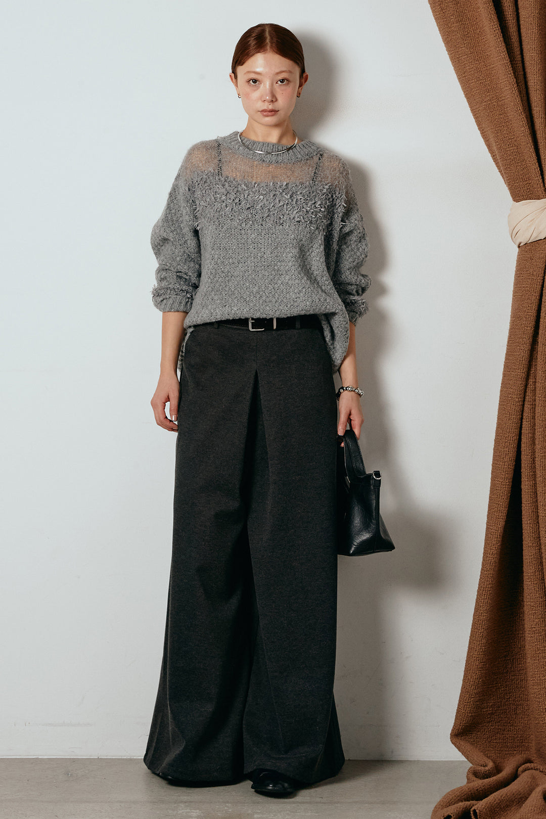 [SET]パターンランダム編みニットトップス+ベルト付きフロントタックデザインパンツ(2set)