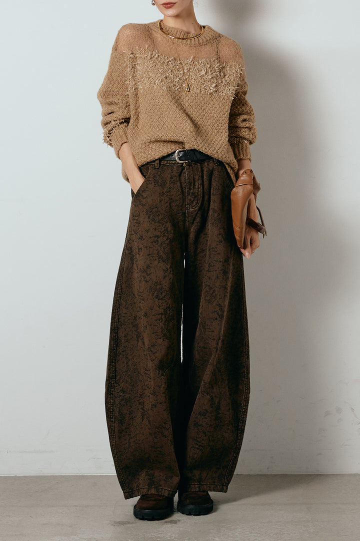 [SET]パターンランダム編みニットトップス+ベルト付きニュアンス柄カーブワイドパンツ(2set)