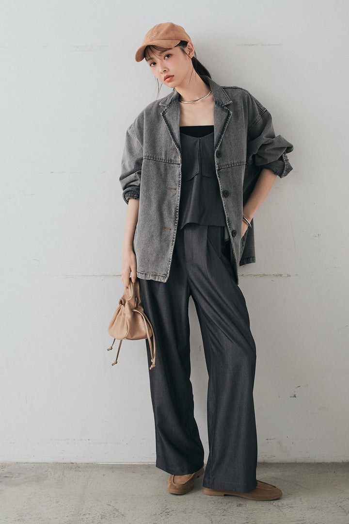 [SET]オーバーデニムジャケット+デニムライクツイルタックパンツ+デニムライクツイルティアードキャミソール(3set)