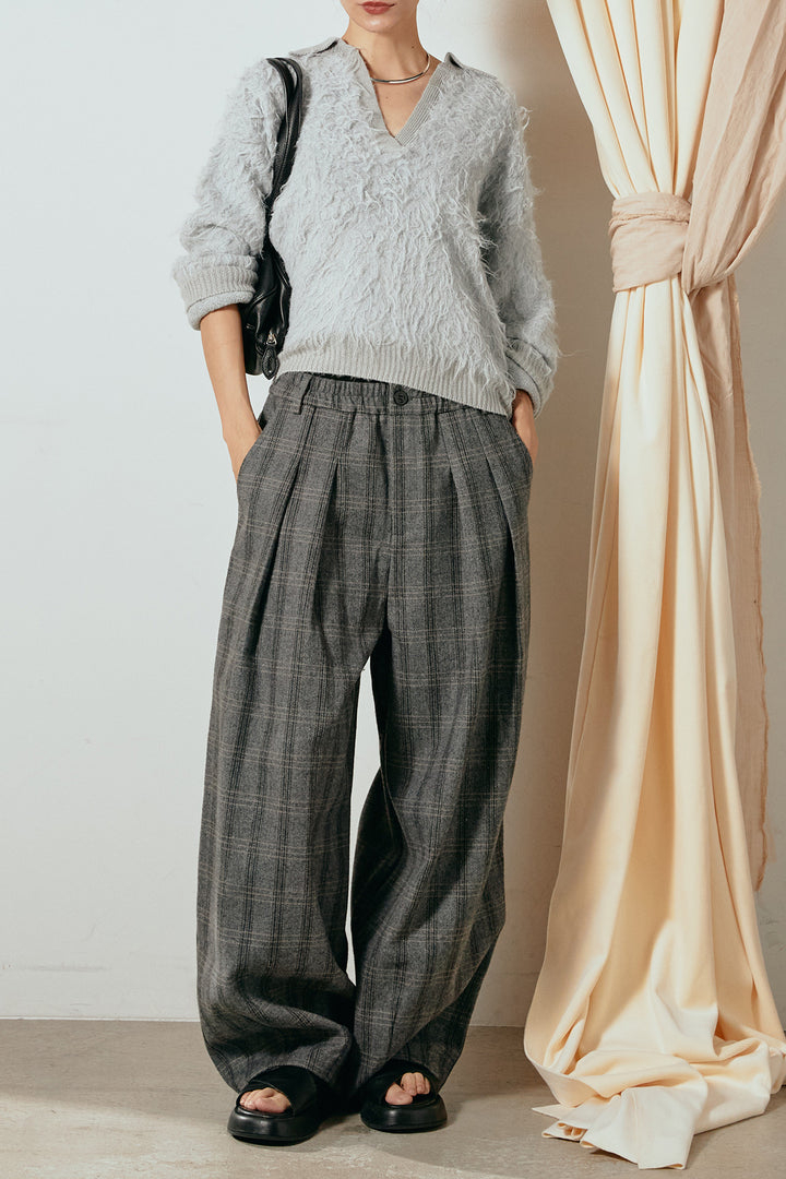 [SET]襟付きシャギーニットポロトップス+タータンチェック柄タックパンツ(2set)