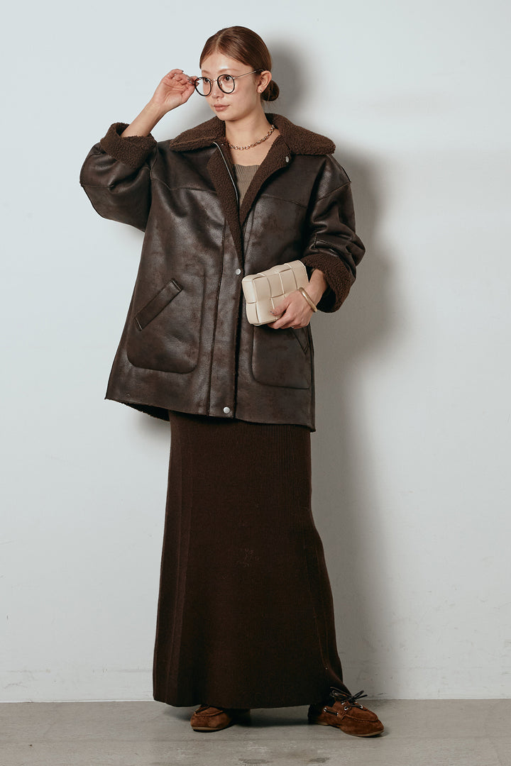 [SET]リバーシブルエコムートンコート+リブナローニットスカート(2set)