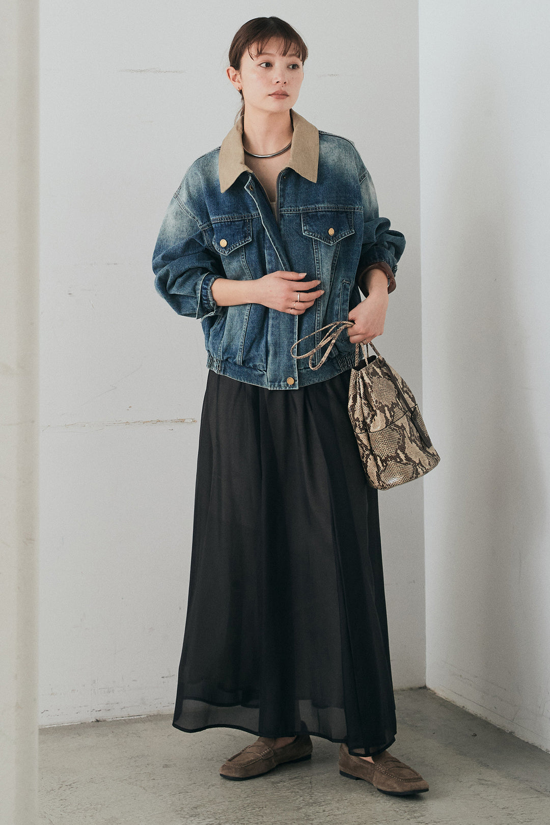 [SET]襟切り替えジップデニムジャケット+リラックスシアーフレアスカート(2set)