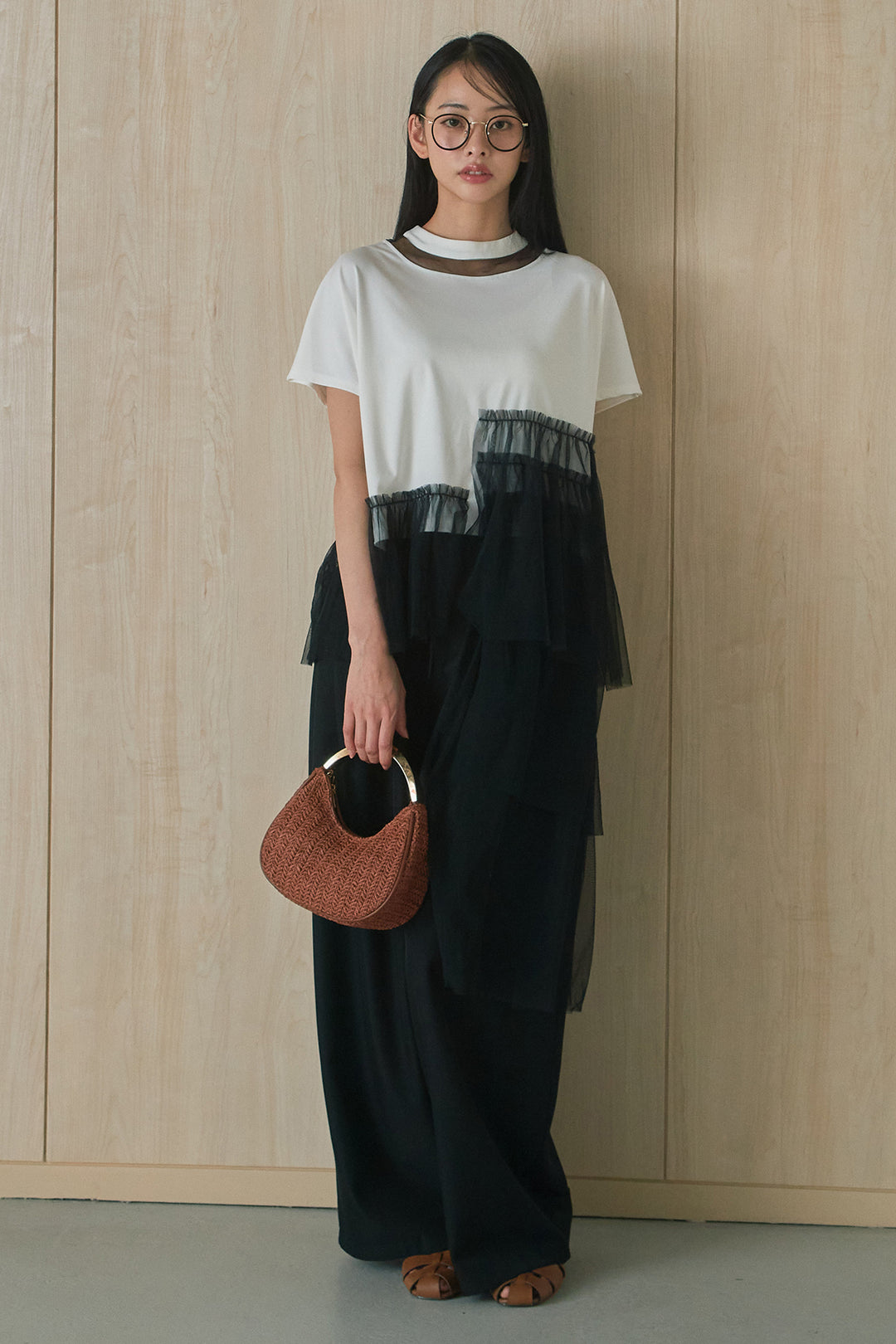 [SET]アシンメトリーチュールフリルTシャツ+ウエストデザインタックワイドパンツ(2set)