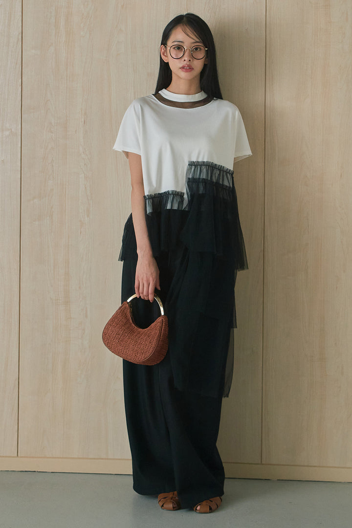 [SET]アシンメトリーチュールフリルTシャツ+ウエストデザインタックワイドパンツ(2set)
