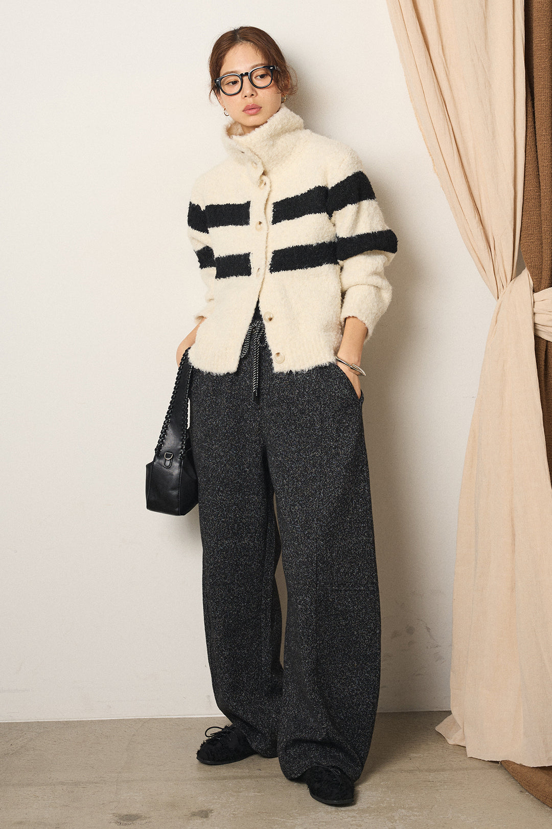 [SET]ハイネックボーダーニットカーディガン+杢ニットフレアパンツ(2set)