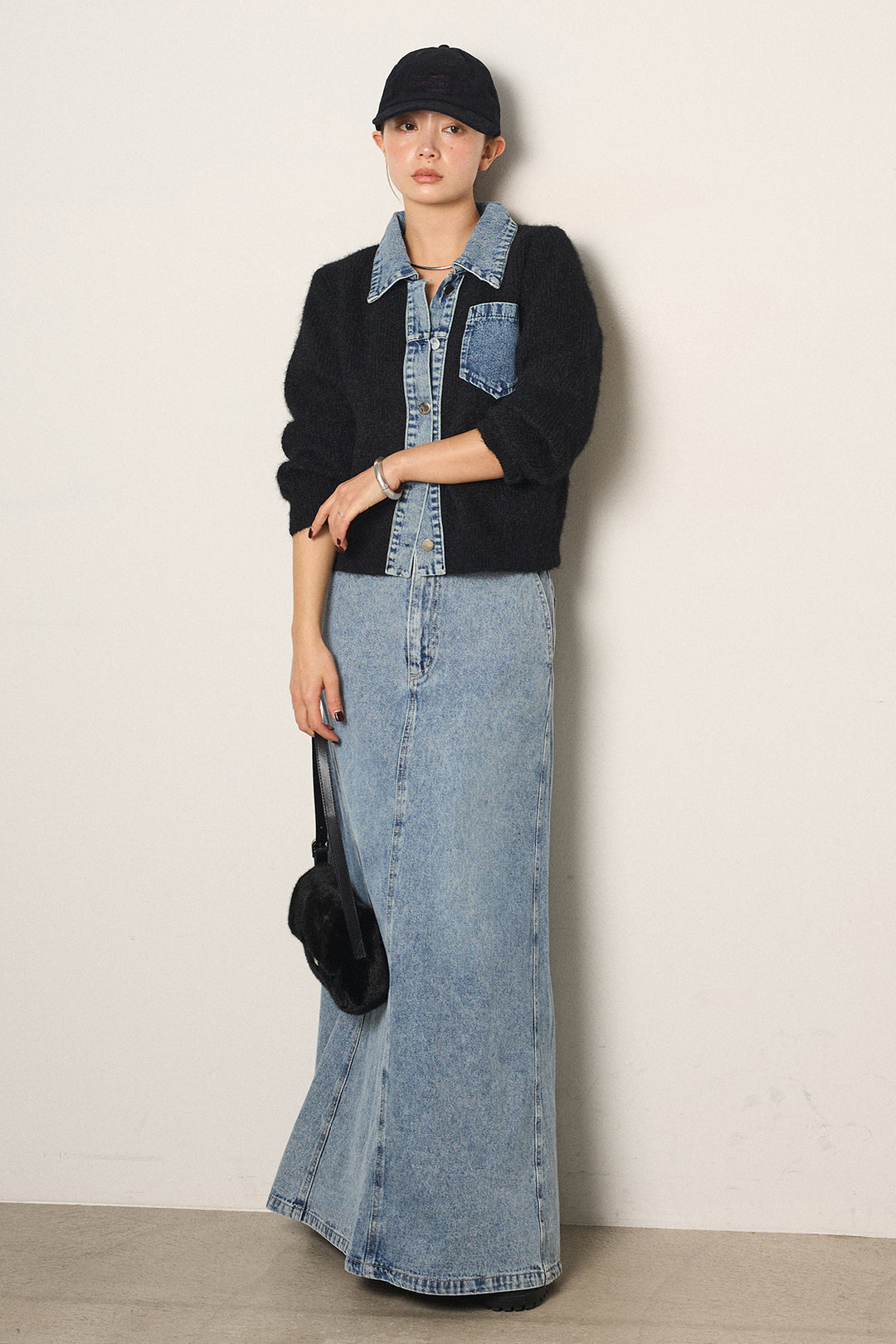 [SET]襟付きデニム切替ニットカーディガン+デニムロングフレアスカート(2set)