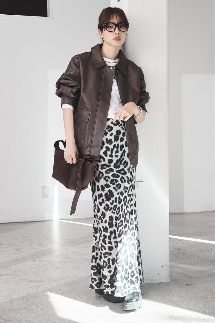 [SET]レザーライクオーバーサイズブルゾン+レオパードサテンナロースカート(2set)