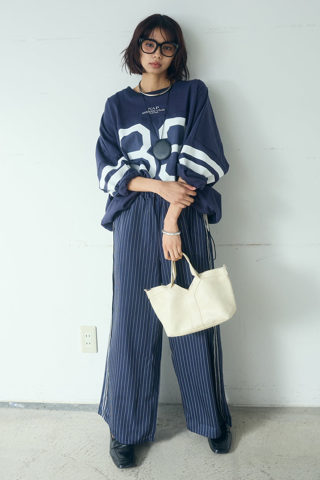 [SET]裾ドロストナンバービッグTシャツ+ストライプ柄トラックイージーパンツ(2set)