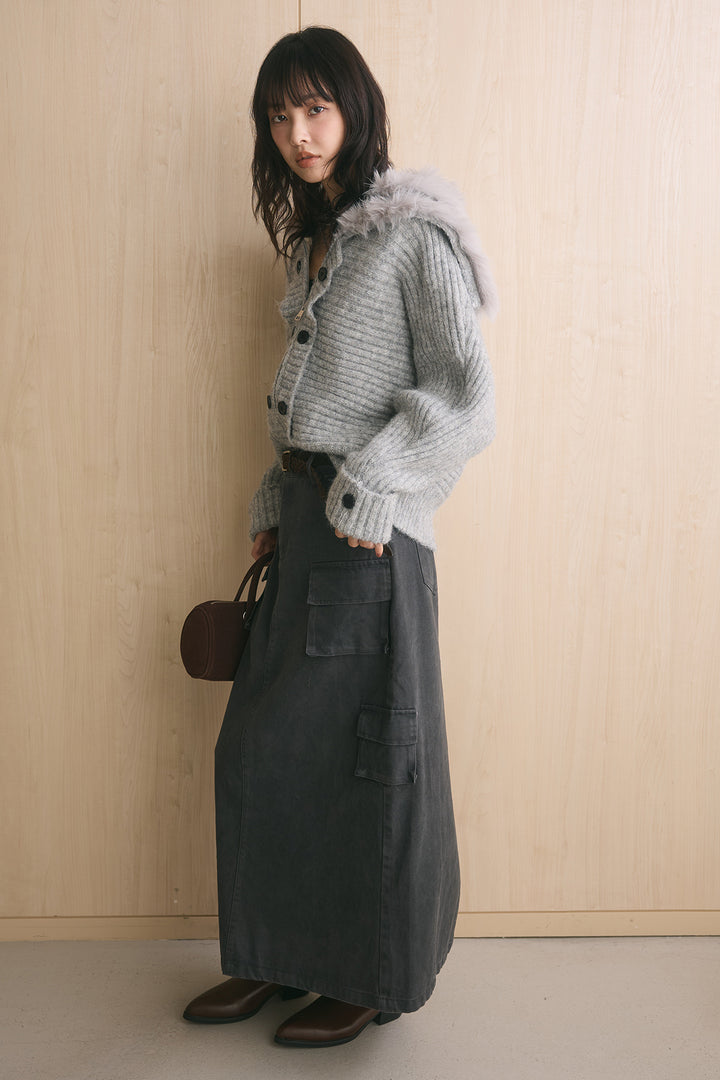 [SET]ボリュームファー襟ダブルジップニットカーディガン+編みベルト付きカーゴスカート(2set)