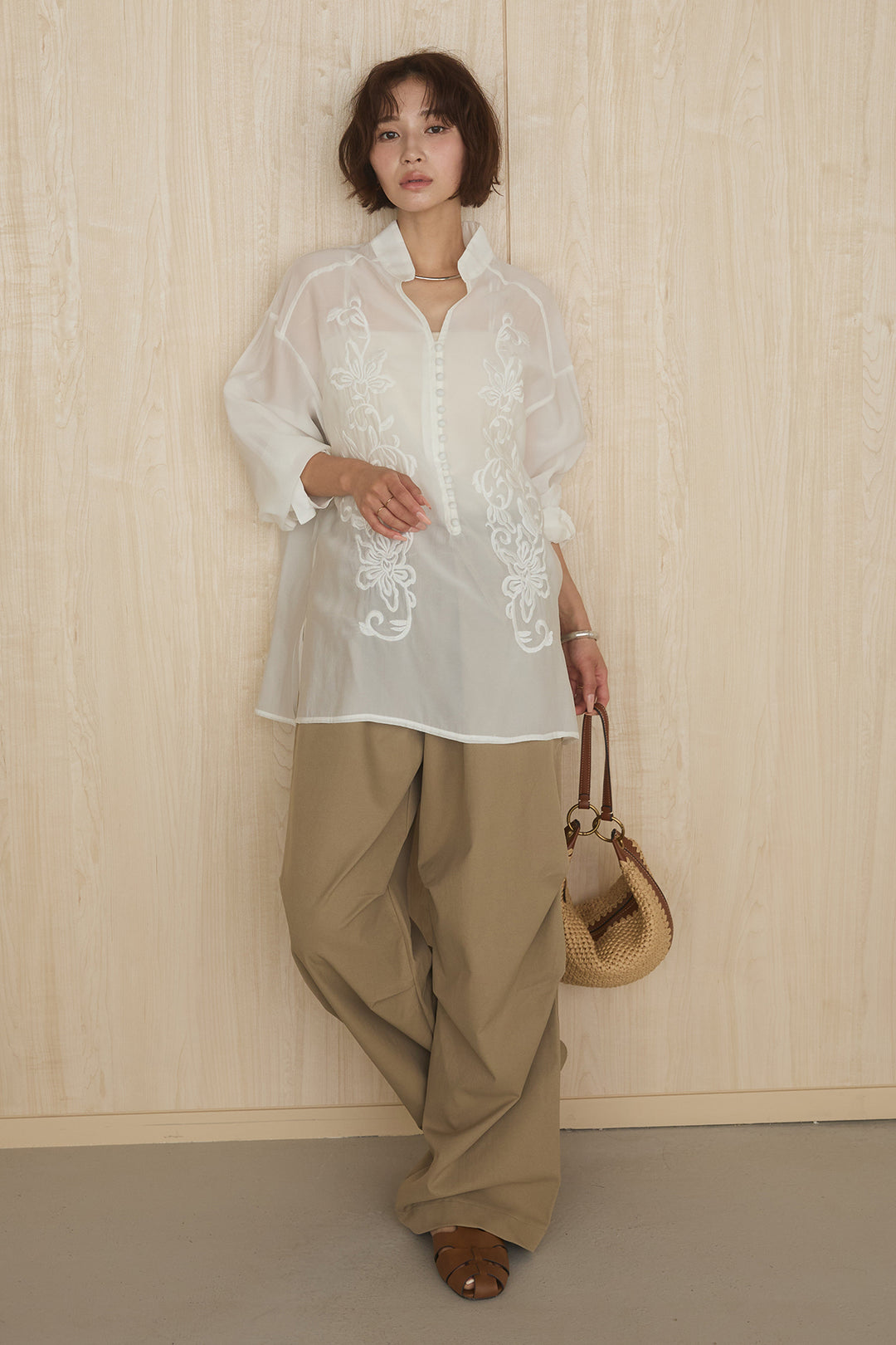 [SET]フロントボタンニュアンス柄ブラウス+ニーサイドタックウエストドロストパンツ(2set)