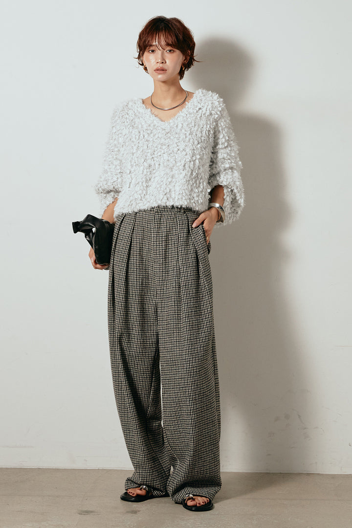 [SET]深Vネックチョウチョヤーンニットトップス+ガンクラブチェックタックパンツ(2set)