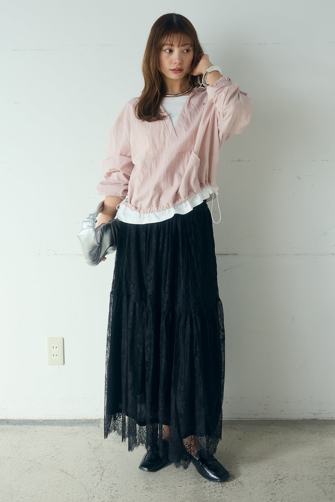 [SET]レイヤードデザインフーディートップス+ひげレース切替ロング丈スカート(2set)