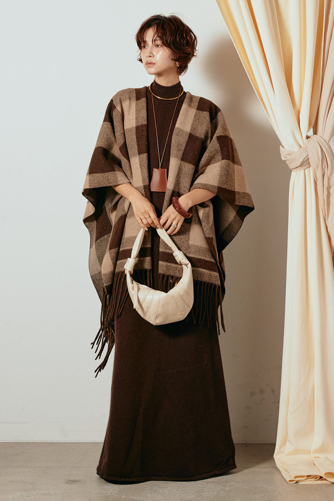 [SET]裾フリンジ柄ポンチョアウター+ノースリーブニットロングワンピース(2set)