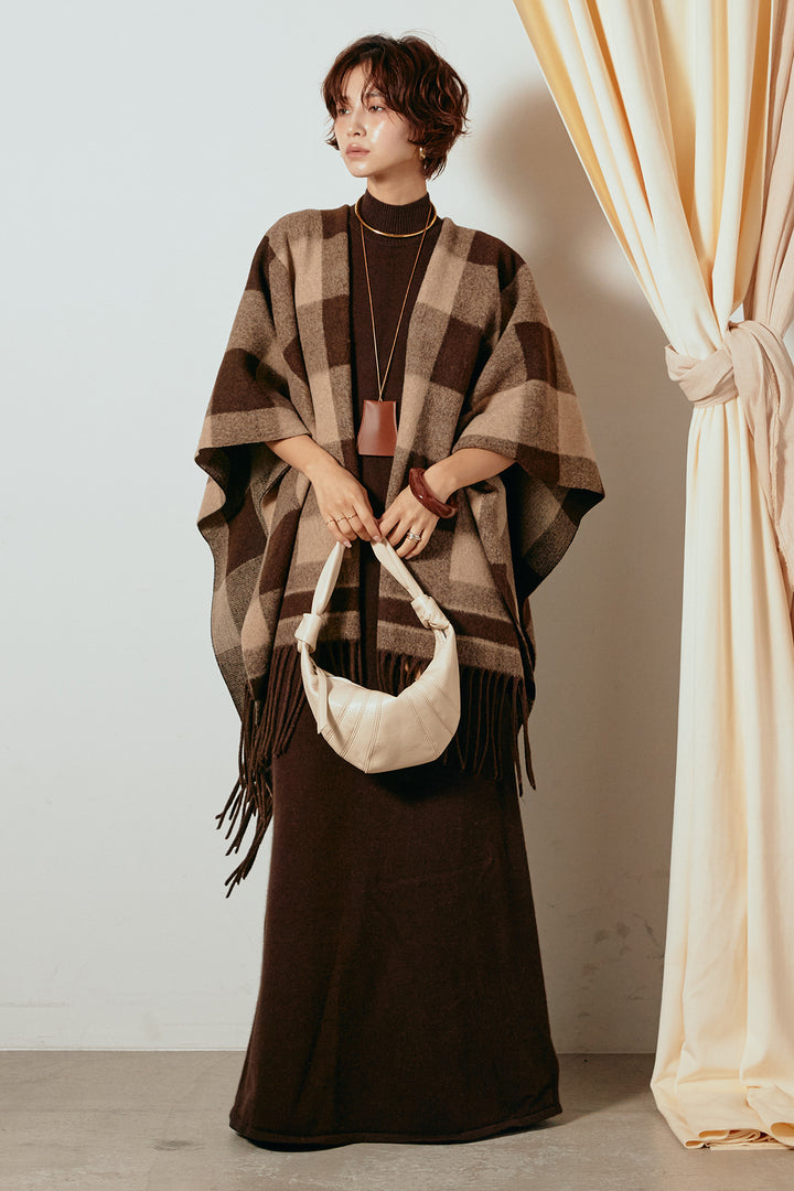 [SET]裾フリンジ柄ポンチョアウター+ノースリーブニットロングワンピース(2set)
