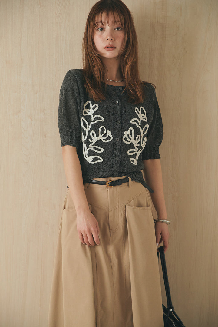 [SET]フロントテープデザイン半袖カーディガン+ミリタリーツイルタックフレアスカート(2set)