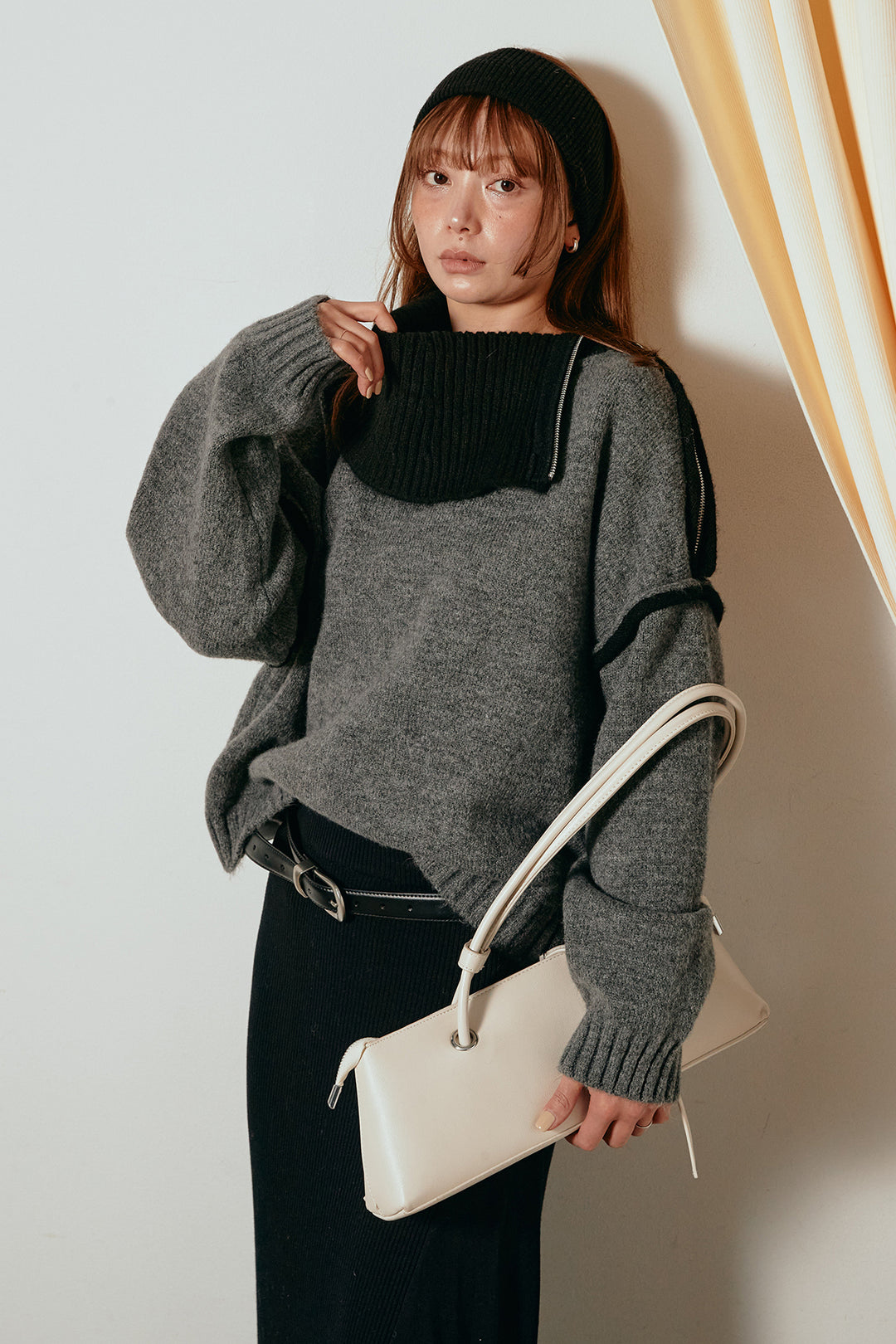 [SET]ハイネックジップデザインニットトップス+サイド切り替えリブニットロングスカート(2set)