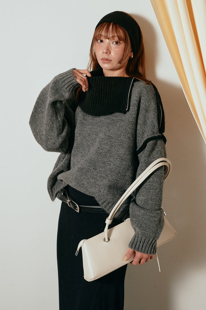 [SET]ハイネックジップデザインニットトップス+サイド切り替えリブニットロングスカート(2set)