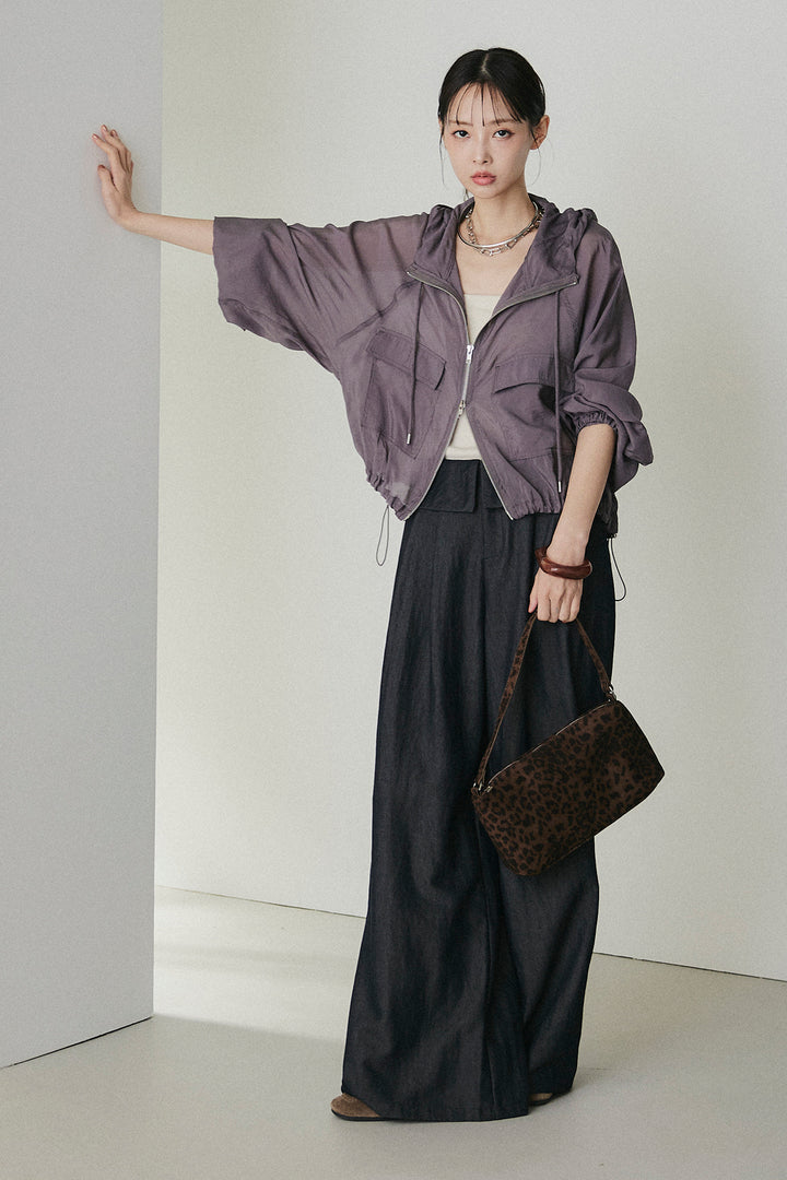 [SET]裾ドロストシアーWジップフーディーブルゾン+ウエスト折り返しワイドパンツ(2set)