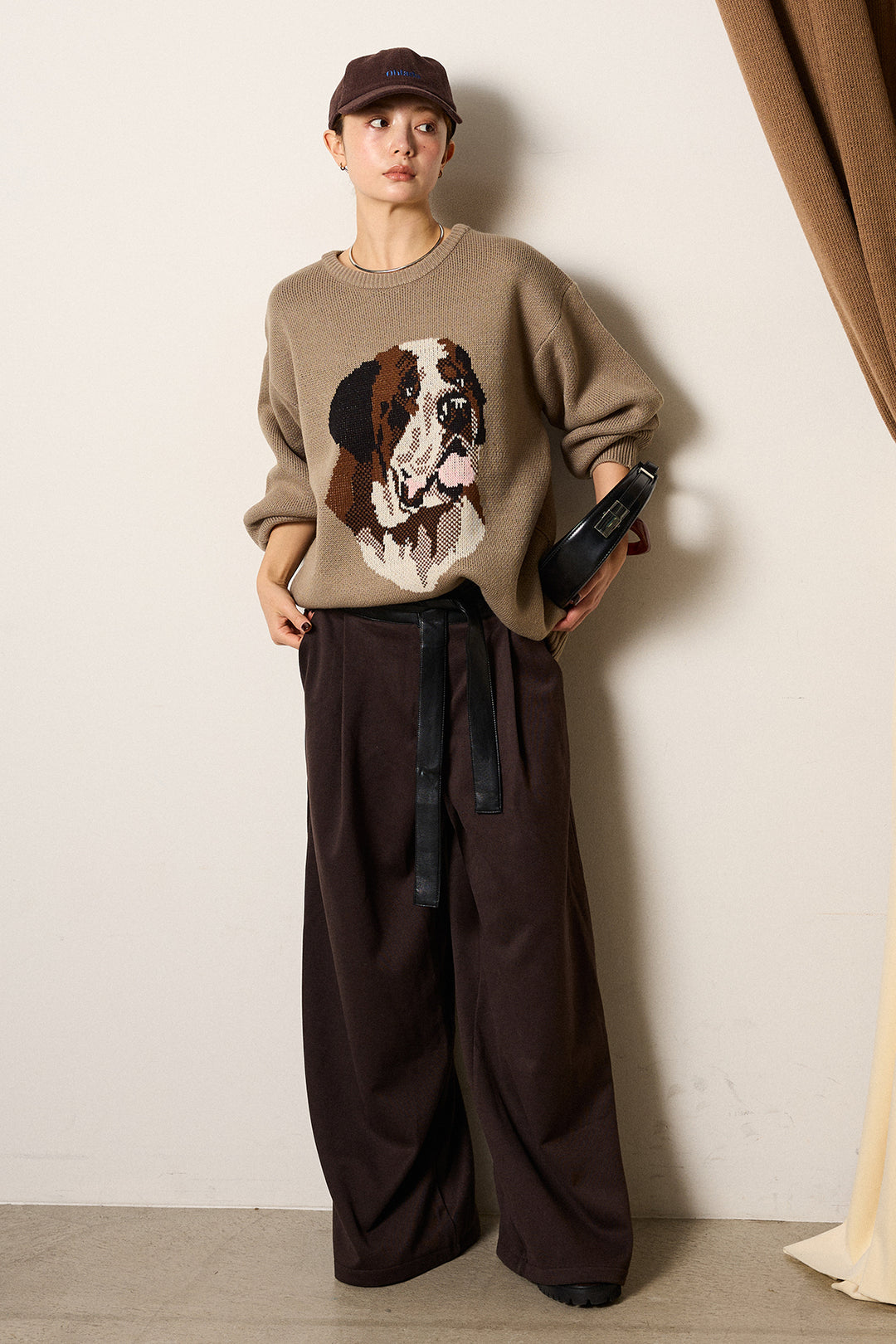 [SET]アニマルジャガード柄ニットトップス+巻ベルトウエストレザーライクワイドパンツ(2set)
