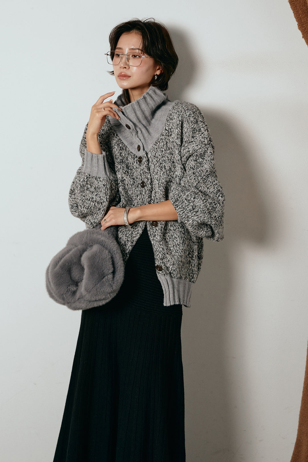 [SET]ハイネックミックスニットカーディガン+編み地切り替えフレアニットスカート(2set)