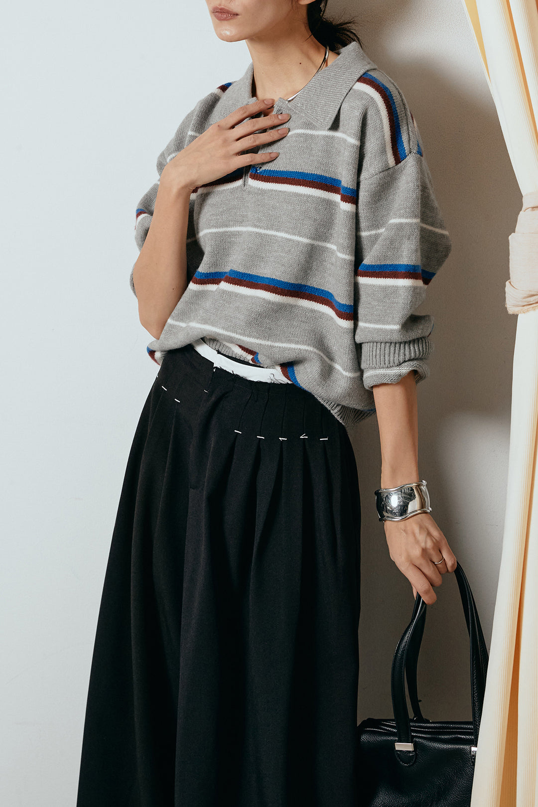 [SET]襟付きマルチボーダーニットポロトップス+ウエストステッチデザインワイドスラックス(2set)