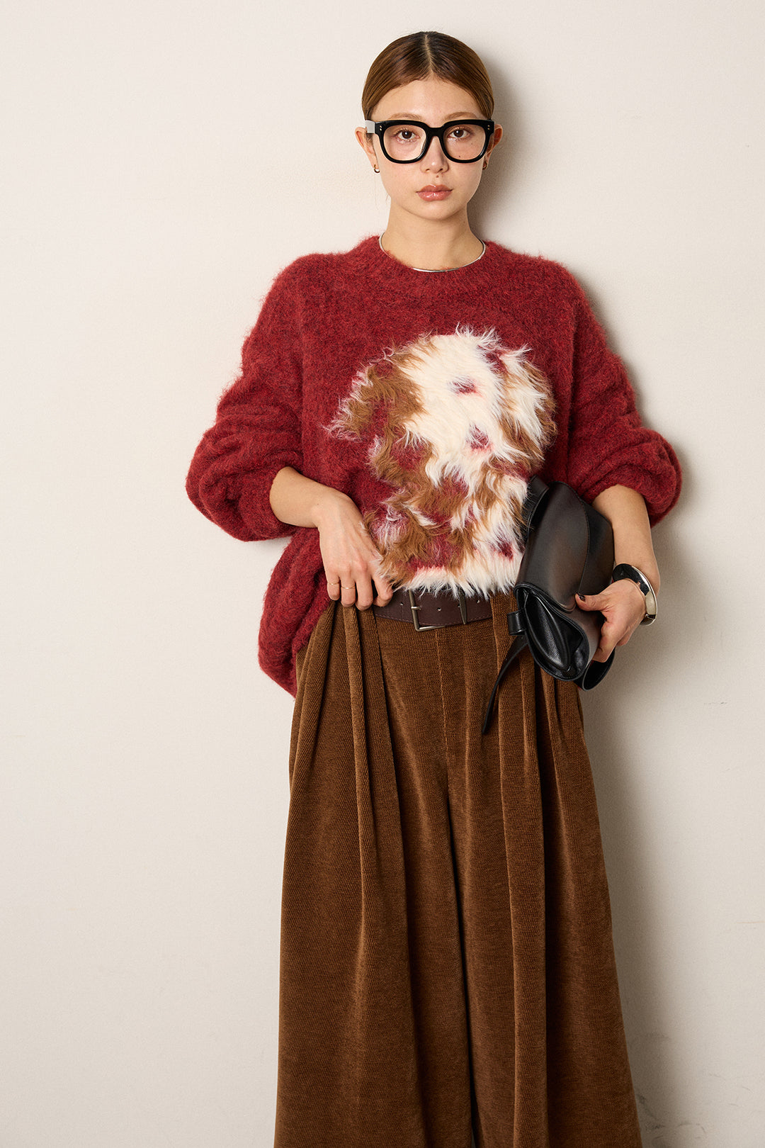 [SET]シャギーニュアンスアニマルニット+ベルトループコーデュロイワイドパンツ(2set)