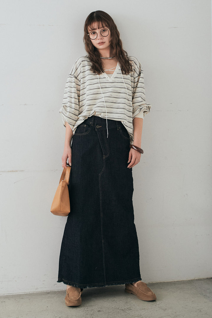 [SET]レースアップワッフルボーダートップス+ウエストクロスデニムタイトスカート(2set)