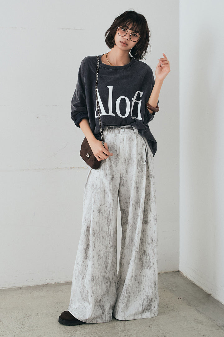 [SET]裾センタードロストロゴプリントワイドTシャツ+紐ベルト付きかすれ柄ワイドスラックス(2set)