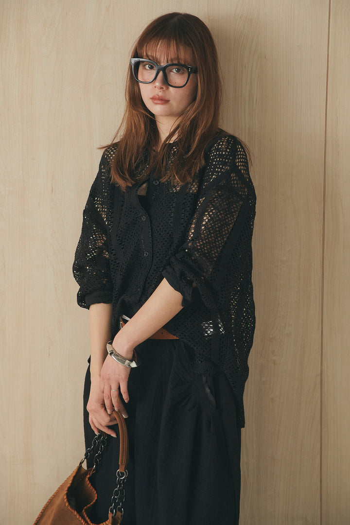 [SET]長袖襟付きレースシャツ+ポケットタックフォルムパンツ(2set)