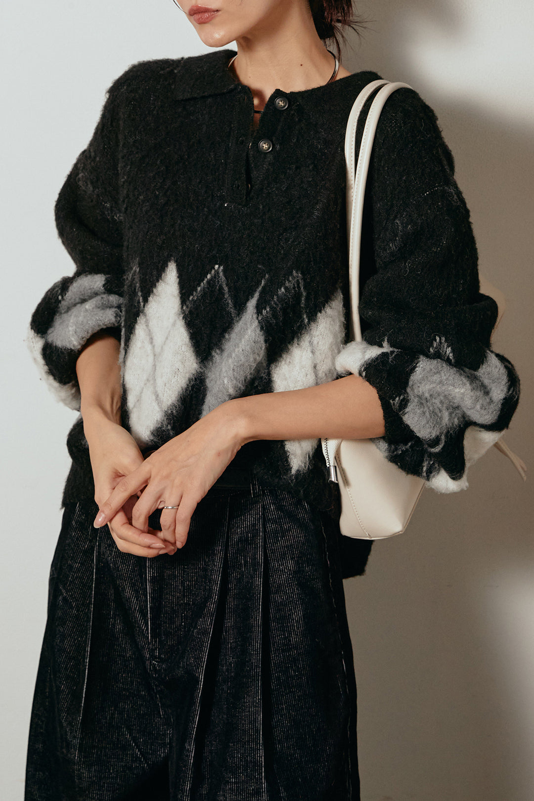 [SET]アーガイル柄ポロニットトップス+フロントタック入りコーデュロイパンツ(2set)