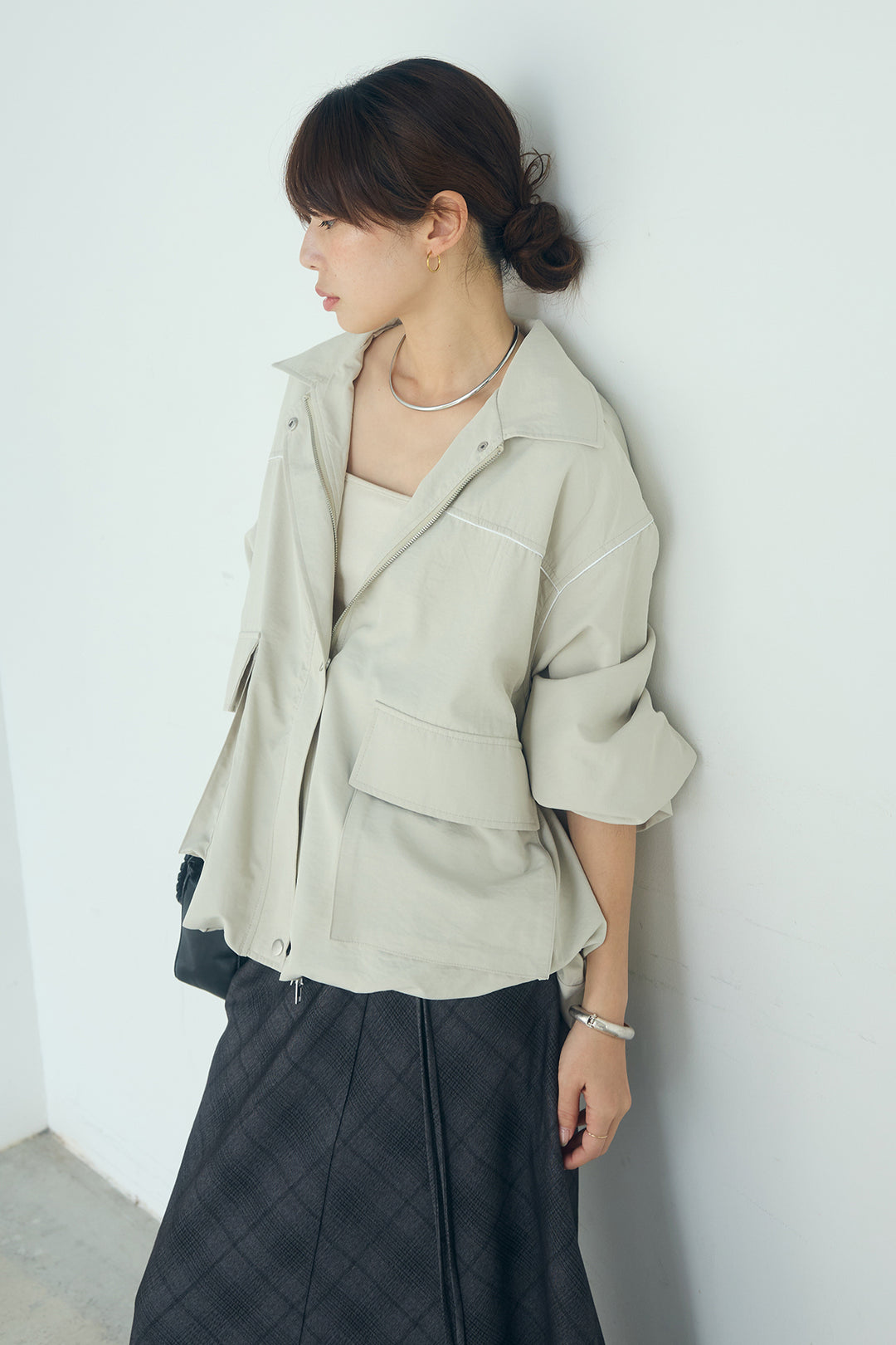 [SET]合繊ツイルバルーンジャケット+タータンチェック柄フロントデザインスカート(2set)