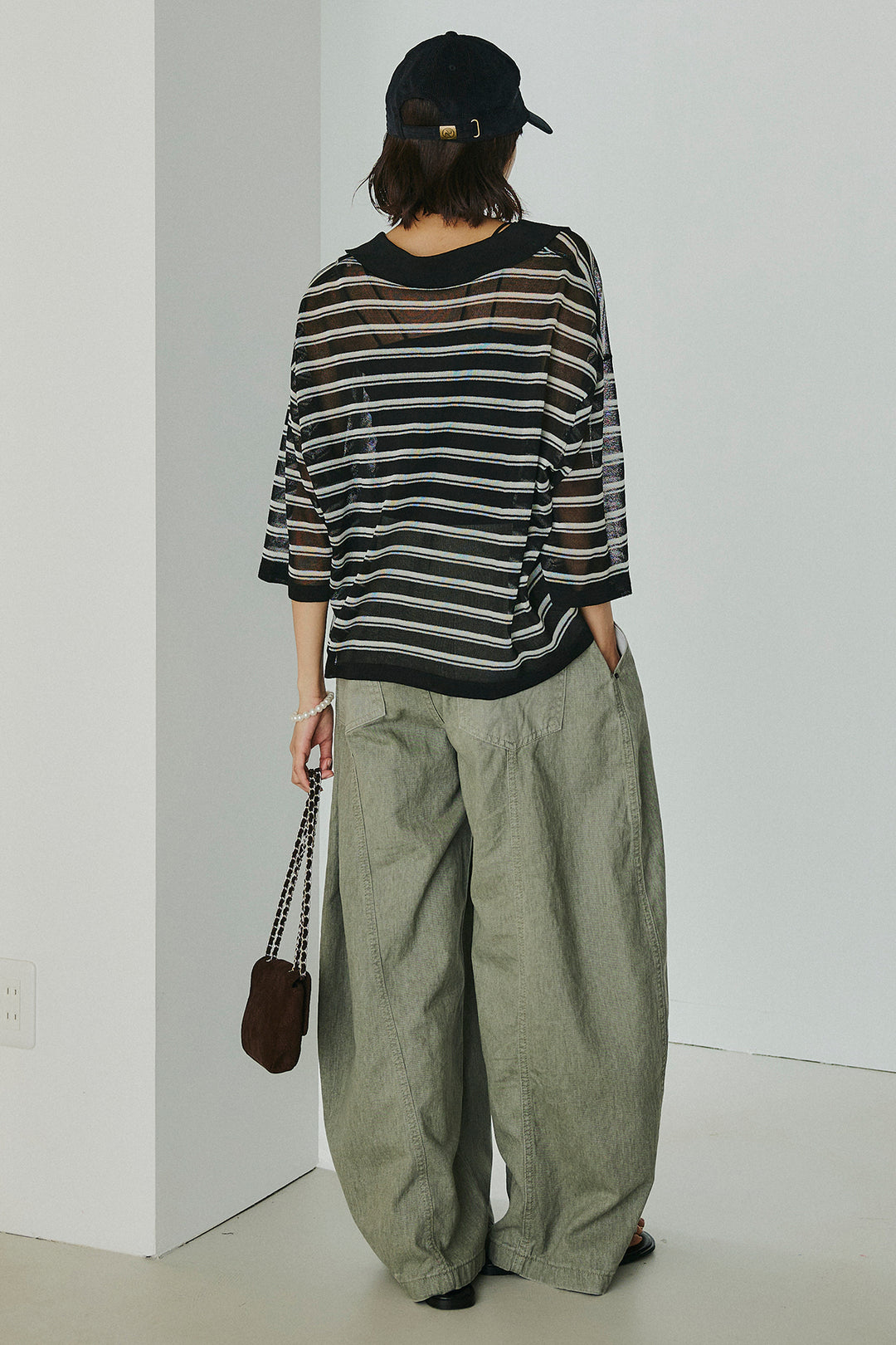 [SET]ボーダーニットポロシャツ+サイドベルトカーブワイドパンツ(2set)